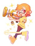  1boy black_pants boots commentary commission english_commentary full_body gun highres holding holding_gun holding_weapon inkling inkling_boy medium_hair open_mouth orange_hair pants pointy_ears print_shirt red_eyes shirt smile solo splatoon_(series) splatoon_3 sploosh-o-matic_(splatoon) teeth tentacle_hair tokkibada upper_teeth_only watermark weapon white_background yellow_footwear yellow_shirt 
