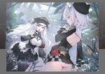  2girls animal ass azur_lane back_cutout belt_pouch bird black_gloves black_hair blue_eyes breasts closed_mouth clothing_cutout day detached_sleeves elbe_(azur_lane) finger_to_mouth frills gloves hair_ornament hat highres indoors jade_(azur_lane) long_hair long_sleeves looking_at_viewer looking_back medium_breasts multicolored_hair multiple_girls non-web_source official_art panties peaked_cap plant pouch purple_eyes sailor_collar sapysha short_hair shushing skirt thighhighs underwear white_gloves white_hair x_hair_ornament 