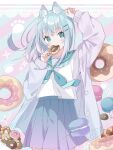  1girl animal_ear_fluff animal_ears arm_up blue_eyes blue_hair blue_neckerchief blue_sailor_collar blue_skirt blush candy cardigan checkerboard_cookie commentary_request cookie doughnut food food_in_mouth hair_ornament hairclip highres holding holding_food lollipop long_hair long_sleeves macaron neckerchief open_cardigan open_clothes original pleated_skirt puffy_long_sleeves puffy_sleeves purple_cardigan sailor_collar school_uniform serafuku skirt sleeves_past_wrists solo striped_background swirl_lollipop tantan_men_(dragon) 