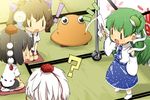  4girls ? black_hair brown_hair chibi detached_sleeves frog_hair_ornament gohei green_hair hair_ornament hair_ribbon hat hat_ribbon himekaidou_hatate hota inubashiri_momiji kochiya_sanae light_bulb long_hair long_sleeves multiple_girls open_mouth pillow pyonta ribbon seiza shameimaru_aya shirt short_hair silver_hair sitting skirt snake_hair_ornament standing tatami tokin_hat touhou very_long_hair wide_sleeves |_| 