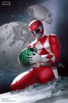  1boy belt bodysuit boom!_studios broken_moon comic_cover copyright_request gloves green_bodysuit green_ranger helmet highres holding holding_helmet in-hyuk_lee jason_lee_scott mask mighty_morphin_power_rangers mighty_morphin_power_rangers:_the_return moon official_art power_rangers realistic red_bodysuit red_ranger space tokusatsu tommy_oliver weapon western_comics_(style) 