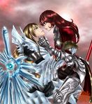  1boy 1girl armor blonde_hair eye_contact green_eyes hildegard_von_krone huge_weapon knight long_hair looking_at_another mole red_eyes red_hair scar siegfried_schtauffen soul_calibur soul_calibur_(weapon) soulcalibur_(weapon) soulcalibur_iv sword weapon xuexue_yue_hua 