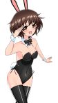  1girl absurdres akiyama_yukari animal_ears black_bow black_bowtie black_leotard black_thighhighs bow bowtie breasts brown_eyes brown_hair commentary_request covered_navel cowboy_shot detached_collar earlobe1514366 fake_animal_ears fake_tail girls_und_panzer highres leaning_forward leotard looking_at_viewer medium_breasts messy_hair open_mouth partial_commentary playboy_bunny rabbit_ears rabbit_tail short_hair side-tie_leotard simple_background smile solo standing strapless strapless_leotard tail thighhighs white_background wing_collar wrist_cuffs 