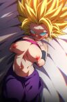  1girl baggy_pants bare_shoulders blonde_hair blue_eyes breasts caulifla clothes_lift dragon_ball dragon_ball_super large_breasts midriff navel on_bed pants pink_tube_top purple_pants rom_(20) saiyan shirt_lift solo spiked_hair strapless super_saiyan super_saiyan_1 tube_top 