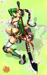  1girl braid brown_eyes brown_hair headband looking_at_viewer naginata petals polearm ponytail seong_mi-na single_braid solo soul_calibur soulcalibur_iv thighs weapon xuexue_yue_hua 