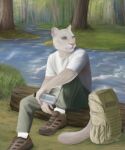 albino anthro backpack bottle clothing container cougar detailed_background felid feline forest forest_background hiking khakis male mammal nature nature_background plant realistic river samson_(derpoomer) shirt solo t-shirt topwear tree unknown_artist water_bottle