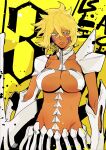  1girl absurdres armor arrancar bleach blonde_hair bone breasts closed_mouth collarbone cowboy_shot crossed_bangs dark-skinned_female dark_skin detached_collar double-parted_bangs eyelashes facial_mark floating_hair green_eyes groin hair_between_eyes highres hollow_(bleach) isaacchief300 large_breasts lips looking_at_viewer medium_hair messy midriff number_background paint_splatter resurreccion revealing_clothes shoulder_armor solo standing tier_harribel underboob yellow_background 