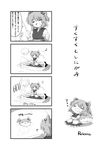  1girl 4koma :3 =_= absurdres boat closed_eyes coin comic english fishing_rod greyscale highres monochrome musical_note onozuka_komachi open_mouth rebecca_(keinelove) scythe short_hair smile sukusuku_hakutaku touhou translated two_side_up watercraft |_| 