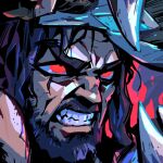 1boy angry beard black_hair clenched_teeth close-up facial_hair holding holding_sword holding_weapon league_of_legends looking_ahead male_focus mustache phantom_ix_row portrait red_eyes solo sword teeth tryndamere v-shaped_eyebrows weapon 