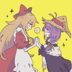  2girls :d apron blonde_hair bow braid commentary cosmicmind cowboy_shot dress elise_liedl from_side hair_bow hat holding_hands little_goody_two_shoes long_hair long_sleeves looking_at_another maid_apron multiple_girls open_mouth puffy_short_sleeves puffy_sleeves purple_dress red_bow red_dress ribbon rozenmarine_(little_goody_two_shoes) shawl short_sleeves simple_background smile sparkle spoken_star star_(symbol) straw_hat twin_braids white_shawl witch_hat yellow_background yellow_eyes yellow_ribbon 