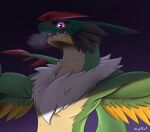 absurd_res anthro bandai_namco beak digimon digimon_(species) feathers galemon gekkart green_body green_feathers hi_res male mask neck_tuft purple_eyes sharp_teeth solo teeth tuft wings