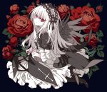  1girl black_dress black_footwear black_hairband black_wings closed_mouth dress feathered_wings floral_background flower full_body gothic_lolita grey_hair hairband high_heels highres lolita_fashion lolita_hairband long_hair long_sleeves looking_at_viewer looking_up meremero red_eyes red_flower red_rose rose rozen_maiden shoes sitting skirt_hold solo suigintou wings 