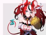  1girl :3 absurdres animal_ears animal_on_head asymmetrical_sleeves bare_shoulders black_collar black_hair blue_eyes border breasts closed_mouth collar detached_sleeves finger_to_eye gjz1227 grey_background hair_between_eyes hakos_baelz hakos_baelz_(1st_costume) hand_up hashtag_only_commentary highres hololive hololive_english large_breasts long_hair long_sleeves looking_at_viewer midriff mismatched_sleeves mouse_ears mouse_girl mouse_tail mr._squeaks_(hakos_baelz) multicolored_hair navel on_head puffy_long_sleeves puffy_sleeves red_hair shirt simple_background smile solo spiked_collar spikes strapless strapless_shirt streaked_hair tail twintails uneven_twintails upper_body virtual_youtuber white_background white_border white_hair white_shirt 