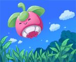 :&gt; bounsweet closed_eyes closed_mouth cloud commentary_request day from_below illustration_room_nagi no_humans outdoors pokemon pokemon_(creature) sky smile solo water_drop 