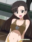  1girl black_hair blush breasts brown_eyes collarbone commentary_request dated girls_und_panzer highres indoors long_hair looking_at_viewer naotosi navel nishi_kinuyo open_mouth signature small_breasts smile solo upper_body 