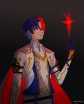  1boy alear_(fire_emblem) alear_(male)_(fire_emblem) blue_eyes blue_gloves blue_hair cape crossed_bangs fire_emblem fire_emblem_engage gloves hair_between_eyes heterochromia highres long_sleeves male_focus merylemons multicolored_hair red_cape red_eyes red_hair short_hair simple_background solo split-color_hair two-tone_hair white_cape 