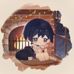 1boy alternate_costume animal barefoot beichuanjing black_hair blush cat chibi christmas_lights closed_mouth cup fireplace genshin_impact highres holding holding_cup indoors male_focus night purple_eyes rug scaramouche_(cat)_(genshin_impact) scaramouche_(genshin_impact) sitting snow snowing steam tears window 