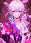  1boy bishounen black_gloves blue_eyes blue_hair card coat confetti facing_viewer gavis_bettel gloves grey_hair hair_between_eyes heterochromia highres holostars holostars_english joker_(playing_card) looking_at_viewer male_focus multicolored_coat multicolored_hair nostresstuna pink_eyes pink_hair playing_card scarf short_hair smile solo sparkle spotlight streamers upper_body virtual_youtuber white_scarf 