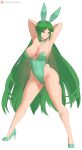  1girl absurdres alternate_costume animal_ears arms_up bare_legs bare_shoulders breasts closed_mouth detached_collar english_commentary fake_animal_ears fake_tail full_body green_eyes green_hair green_leotard high_heels highres kid_icarus kid_icarus_uprising large_breasts legs leotard long_hair looking_at_viewer palutena patreon_username playboy_bunny rabbit_ears rabbit_tail smile solo strapless strapless_leotard super_smash_bros. tail very_long_hair web_address wrist_cuffs zelc-face 