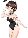  1girl absurdres akiyama_yoshiko animal_ears arm_strap bare_legs black_bow black_bowtie black_leotard bow bowtie breasts cleavage collar commentary_request covered_navel detached_collar earlobe1514366 earrings fake_animal_ears fake_tail girls_und_panzer green_eyes highres jewelry leotard looking_at_viewer mature_female medium_breasts open_mouth partial_commentary playboy_bunny rabbit_ears rabbit_tail salute short_hair simple_background smile solo standing strapless strapless_leotard stud_earrings tail wavy_hair white_background white_collar wing_collar 