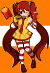  1girl absurdres arm_warmers blue_eyes burger cosplay cup disposable_cup food french_fries gloves hair_between_eyes hair_ribbon hatsune_miku highres holding holding_cup holding_food long_hair mcdonald&#039;s necktie one_eye_closed orange_background orazamige outline red_arm_warmers red_footwear red_hair red_necktie red_outline red_thighhighs red_trim ribbon ronald_mcdonald ronald_mcdonald_(cosplay) shirt simple_background skirt solo striped_clothes striped_thighhighs thighhighs twintails vocaloid white_arm_warmers white_background white_thighhighs yellow_gloves yellow_outline yellow_shirt yellow_skirt 