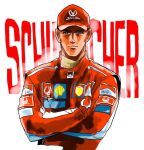  1boy character_name closed_mouth crossed_arms formula_one light_smile long_sleeves looking_at_viewer male_focus michael_schumacher racing_suit real_life red_headwear shell_(company) simple_background soda_masahito solo text_background upper_body white_background 