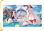  animal animal_ears ass azur_lane ball bare_shoulders beachball bikini bird black_hair blue_sky blush breasts brown_eyes cleavage cloud cloudy_sky collarbone day fake_animal_ears hairband highres horns kazagumo_(azur_lane) large_breasts long_hair looking_at_viewer manjuu_(azur_lane) mo_xiaoxue non-web_source noshiro_(azur_lane) one-piece_swimsuit one_eye_closed open_mouth outdoors partially_submerged pool prinz_eugen_(azur_lane) rabbit_ears red_eyes shimakaze_(azur_lane) sky swimsuit thighs visor_cap water water_drop wet white_hair 