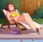  1girl alternate_costume artist_name badlavender bare_legs barefoot bikini boku_no_hero_academia breasts cleavage closed_eyes closed_mouth fence grass highres knees_up large_breasts leaf sitting smile solo sunbathing swimsuit towel uraraka_ochako water wooden_fence yellow_bikini 