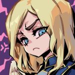  1girl angel_wings anger_vein angry blonde_hair blue_eyes close-up closed_mouth feathered_wings kayle_(league_of_legends) league_of_legends long_hair looking_down phantom_ix_row portrait serious solo v-shaped_eyebrows white_wings wings 