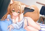  1girl \||/ absurdres animal_ear_fluff animal_ears barefoot black_sports_bra blurry blurry_background blush breasts cleavage closed_mouth collarbone crossed_bangs curvy eyelashes foreshortening fox_ears fox_girl fox_tail green_eyes hair_between_eyes hair_intakes highres hitachi_sou indoors knees_out_of_frame large_breasts long_hair looking_at_viewer lying no_bra on_bed on_side open_clothes open_shirt orange_hair original panties pillow shirt sidelocks sleeves_past_wrists slit_pupils smile solo sports_bra tail thigh_gap thighs underwear white_panties white_shirt 