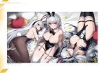  3girls animal animal_ears arm_support ass azur_lane bare_shoulders bed_sheet between_breasts bird black_leotard blue_eyes blush braid breasts cleavage closed_mouth copyright_name detached_collar elbow_gloves fake_animal_ears fake_tail frills from_side garter_straps gloves grey_hair hair_ornament hand_on_own_chest heart heart-shaped_pillow highleg highleg_leotard highres kursk_(azur_lane) large_breasts leotard long_hair looking_at_viewer lying maenoo mainz_(azur_lane) manjuu_(azur_lane) multiple_girls necktie non-web_source official_art on_back pantyhose parted_lips petals pillow playboy_bunny rabbit_ears rabbit_tail red_eyes sevastopol_(azur_lane) shiny_skin sideboob sitting small_breasts smile strapless strapless_leotard tail thighhighs white_hair 