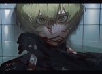  1boy black_coat black_gloves black_shirt blonde_hair blood blood_on_clothes blood_on_face coat gloves limbus_company looking_at_viewer parted_lips portrait project_moon satome_setsuko shirt sinclair_(project_moon) solo tile_wall tiles wiping_blood yellow_eyes 