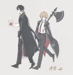  2boys axe black_coat black_footwear black_gloves black_hair blonde_hair closed_eyes closed_mouth coat collared_shirt cup disposable_cup full_body gloves halberd holding holding_axe holding_cup limbus_company long_sleeves multiple_boys necktie polearm project_moon red_necktie satome_setsuko shirt shoes simple_background sinclair_(project_moon) weapon white_background white_shirt yellow_eyes yi_sang_(project_moon) 