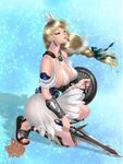  belt blonde_hair braid breasts earrings eyes_closed gladiator_sandals hair_ornament jewelry kneeling long_hair low-tied_long_hair sandals shield solo sophitia_alexandra soul_calibur soulcalibur_iv sword toes weapon xuexue_yue_hua 