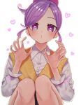  1girl blush claw_pose close-up collared_shirt feet_out_of_frame heart highres kimi_no_koto_ga_dai_dai_dai_dai_daisuki_na_100-nin_no_kanojo knees_up momi_momiji parted_bangs popo_po731 purple_eyes purple_hair shirt solo squatting sweater_vest swept_bangs white_background white_shirt 