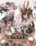  +_+ 3girls ahoge animal_ears baking_sheet blue_eyes blurry blurry_background book bowl breasts brown_hair chocolate_making cleavage cleavage_cutout closed_eyes clothing_cutout cup cupcake dark-skinned_female dark_skin detached_sleeves dress fang fediel_(granblue_fantasy) food food_on_face galleon_(granblue_fantasy) gloves granblue_fantasy hagoromo hanasaki_arumu highres holding holding_whisk horns large_breasts long_hair medium_breasts multicolored_hair multiple_girls navel oven_mitts pastry_bag plate pointy_ears red_eyes shawl short_hair sidelocks sleeveless sleeveless_dress smile standing streaked_hair table teacup triangle_mouth twitter_username veil wamdus_(granblue_fantasy) whisk white_gloves white_hair 