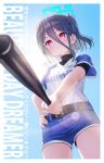  &lt;key&gt;_(blue_archive) 1girl absurdres alternate_costume alternate_hairstyle baseball_bat baseball_uniform belt black_belt black_hair blue_archive blue_halo blue_shorts blue_sleeves blush breasts closed_mouth cowboy_shot hair_between_eyes halo hand_on_own_hip highres holding holding_baseball_bat looking_at_viewer one_side_up red_eyes revision shirt short_hair short_shorts short_sleeves shorts small_breasts solo sportswear square_halo supersugar white_shirt 