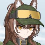  1girl animal_ear_fluff animal_ears baseball_cap brown_hair character_request cheogtanbyeong commentary copyright_request goggles goggles_on_head green_headwear green_jacket hat jacket long_hair looking_at_viewer multicolored_hair outdoors ponytail solo streaked_hair yellow_eyes 