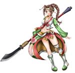  1041_(toshikazu) 1girl boots braid breasts brown_eyes brown_hair cleavage headband long_hair looking_at_viewer midriff naginata navel polearm ponytail seong_mi-na simple_background single_braid solo soul_calibur soulcalibur_iv standing thighs weapon white_background 