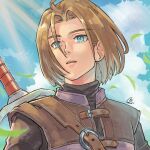  1boy blue_eyes brown_hair cloud commentary_request day dragon_quest dragon_quest_xi hero_(dq11) highres looking_afar male_focus outdoors parted_lips sabakan_(sabasabakan0) short_hair sky solo sword sword_on_back weapon weapon_on_back 