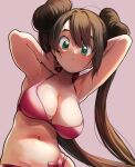  1girl armpits arms_behind_head bikini blush bow bow_bikini breasts brown_hair cleavage commentary_request double_bun doughnut_hair_bun english_commentary eudetenis green_eyes hair_bun highres large_breasts long_hair making-of_available mixed-language_commentary navel pink_bikini pokemon pokemon_bw2 rosa_(pokemon) solo swimsuit twintails very_long_hair 