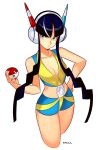  asymmetrical_hair black_hair blonde_hair blue_shorts breasts cleavage elesa_(pokemon) highres long_hair multicolored_hair poke_ball pokemon pokemon_bw revealing_clothes shorts small_breasts smgold solo streaked_hair white_background white_hair 