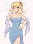  1girl bare_arms bare_shoulders blonde_hair blue_dress blue_eyes breasts cleavage commentary cowboy_shot dress hand_on_own_hip heart highres long_hair medium_breasts metroid purrlucii samus_aran shawl side_ponytail side_slit sidelocks solo standing strapless strapless_dress thighs 