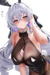  1girl alternate_costume animal_ears bare_shoulders between_breasts black_bow black_bowtie black_hairband black_leotard blush bow bowtie breasts bronya_rand card covered_navel crossed_bangs earrings fake_animal_ears fake_tail fantongjun grey_eyes grey_hair hair_between_eyes hair_ornament hairband highres honkai:_star_rail honkai_(series) jewelry leotard long_hair looking_at_viewer parted_lips playboy_bunny playing_card rabbit_ears rabbit_tail simple_background solo tail white_background wrist_cuffs 