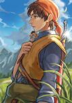  1boy animal_on_shoulder bandana belt blue_sky brown_eyes brown_hair cloud day dragon_quest dragon_quest_viii expressionless grass hero_(dq8) highres looking_to_the_side male_focus munchie_(dq8) outdoors parted_lips profile sabakan_(sabasabakan0) sky solo sword sword_on_back tall_grass upper_body vest weapon weapon_on_back 