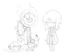  1other 4girls animal_ears chibi claws clock closed_eyes closed_mouth coat coat_on_shoulders dante_(limbus_company) e.g.o_(project_moon) faust_(project_moon) fins fire greyscale head_fins highres ivy_(675671) limbus_company looking_at_viewer monochrome multiple_girls multiple_persona nail object_head project_moon simple_background sweater tail water wolf_ears wolf_tail 