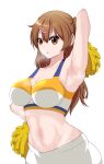  1girl absurdres arm_behind_head arm_up armpits breasts brown_eyes brown_hair check_commentary cheerleader chuunibyou_demo_koi_ga_shitai! cleavage collarbone commentary commentary_request eyelashes hair_between_eyes hair_ornament hairclip hand_on_own_hip highres holding holding_pom_poms large_breasts long_hair looking_at_viewer mullll navel nibutani_shinka parted_lips pom_pom_(cheerleading) ponytail presenting_armpit side_ponytail simple_background solo steam steaming_body stomach sweat upper_body white_background 