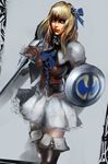  1girl blonde_hair blue_eyes gloves hair_ornament highres long_hair looking_at_viewer pyrrha_alexandra rx? shield skirt solo soul_calibur soulcalibur_v standing sword weapon 