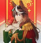  1girl aiguillette animal_ears ascot brown_hair buttons cape closed_mouth double-breasted earrings emphasis_lines epaulettes gaman gloves green_jacket hair_between_eyes highres horse_ears horse_girl jacket jewelry long_hair long_sleeves looking_at_viewer medal multicolored_background multicolored_hair red_cape red_eyes single_earring single_epaulette solo streaked_hair symboli_rudolf_(umamusume) umamusume upper_body white_ascot white_gloves white_hair 