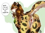 anthro anus bent_over blush bodily_fluids bonbonsart bottomless bra breasts brown_hair chest_tuft claws clothed clothing clouded_leopard eyebrows felid feline felis female from_behind_position genital_fluids genitals green_clothing hair half_naked helen_(bonbonsart) hi_res leopard long_hair looking_at_viewer mammal markings open_mouth orange_eyes pantherine pawpads pussy pussy_juice rear_view sex simple_background solo speech_bubble spots spotted_body spread_pussy spreading tail teeth text tuft underwear whiskers
